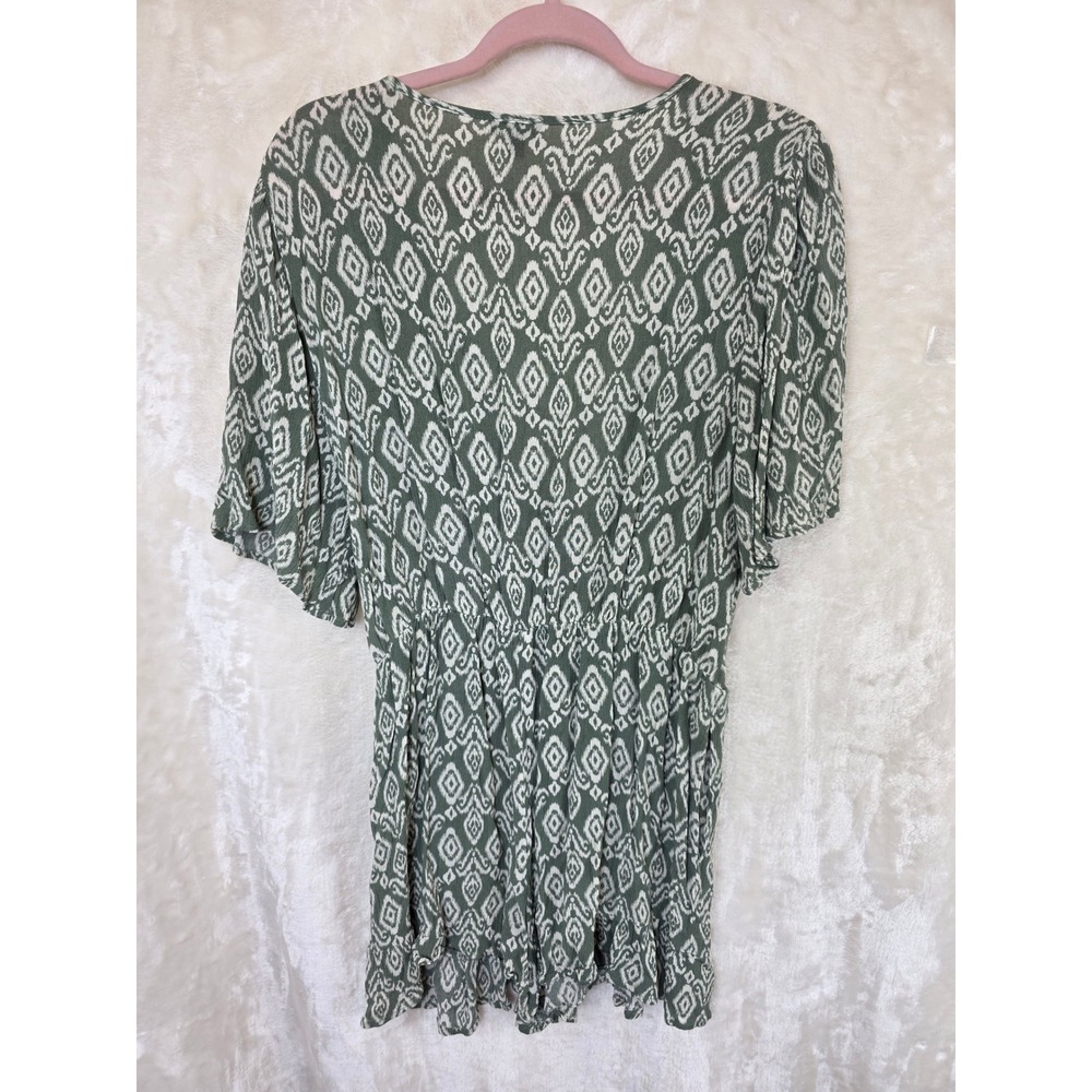Lily Rose Sage Green Ikat Diamond Print Surplice Romper XXL Pom Pom Trim‎ Rayon - Picture 2 of 6